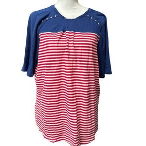 Quacker Factory Patriotic Striped Star Embellished Top XL Blue Red Excellent